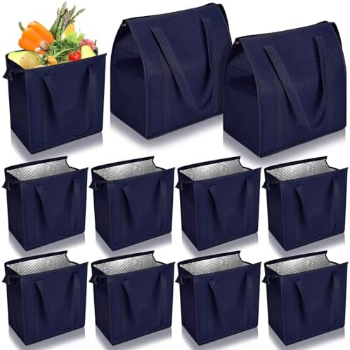 10 Pack 10 Pack Large Insulated Grocery Bag Zippered, Navy Blue