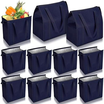 10 Pack 10 Pack Large Insulated Grocery Bag Zippered, Navy Blue