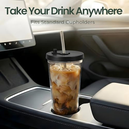 Reusable Iced Coffee Cup with Lid and Straw, 16 oz/Grande, BPA-Free Double-Wall Insulated Plastic Tumbler for Cold Drinks, Includes Clear Plastic Straw, Stainless Steel Straw and Cleaning Brush, Black
