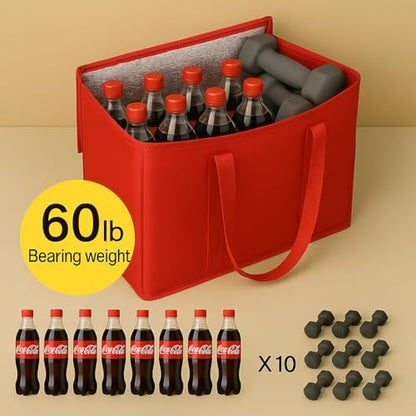 musbus 2Pk Insulated Reusable Grocery Bags, Collapsible Cooler Bag for Groceries, Heavy Duty Large Insulated Bag (Large, Bright Red)