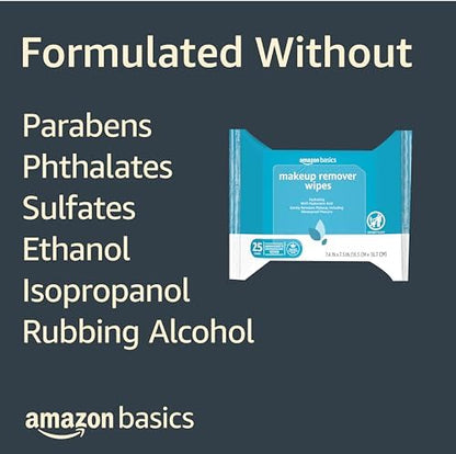 Amazon Basics Makeup Remover Wipes, Gentle Cleansing, Dermatologist Tested, Hydrating with Hyaluronic Acid, Plant Based, Alcohol-Free, Removes Waterproof Mascara, Facial Cleansing, 25 Count