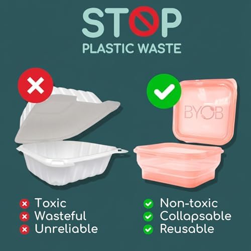 BYOB Collapsible Silicone Food Containers with Attached Lids – Reusable To-Go & Leftover Containers, Platinum Silicone, Leak-Resistant – 4 Pack (Pink)