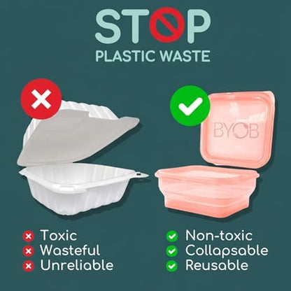 BYOB Collapsible Silicone Food Containers with Attached Lids – Reusable To-Go & Leftover Containers, Platinum Silicone, Leak-Resistant – 4 Pack (Pink)