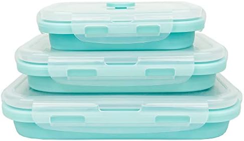 CARTINTS Silicone Collapsible Food Storage Containers-Prep/Storage Bowls with Lids - Set of 3 Square Silicone Lunch Containers - Microwave, Dishwasher and Freezer Safe (blue)
