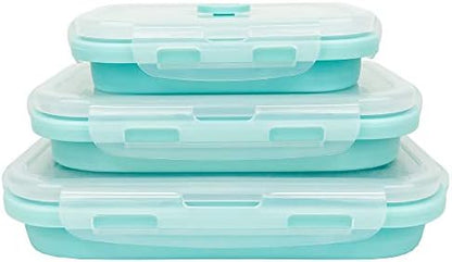 CARTINTS Silicone Collapsible Food Storage Containers-Prep/Storage Bowls with Lids - Set of 3 Square Silicone Lunch Containers - Microwave, Dishwasher and Freezer Safe (blue)