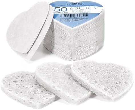 GAINWELL 50-Count Heart Shape Compressed Facial Sponges for Daily Facial Cleansing and Exfoliating, 100％ Natural Cosmetic Spa Sponges for Makeup Remover, White