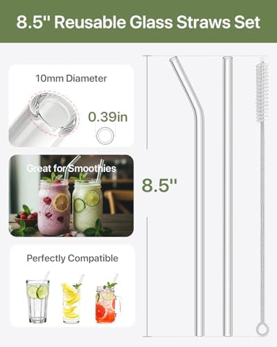 Glass Straws, 18-Pack Reusable Clear Glass Drinking Straws Set
