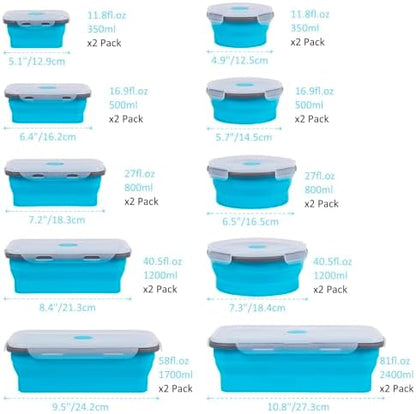 Collapsible Food Storage Containers with Lids 20 Pack(81oz/58oz Extra Large Included), 12 Rectangular+8 Round, Annaklin Silicone Collapsible Food Containers Sets Microwave Freezer Dishwasher Safe Blue
