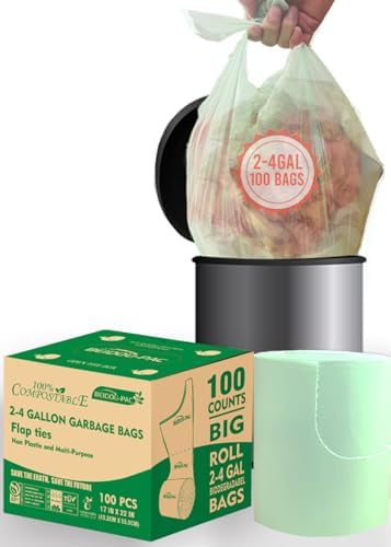 BEIDOU-PAC 3 Gallon Flap Tie Compostable Trash Bags, 100 Count Small Compost Garbage Bags, Food Scrap Waste Bags for Countertop Bin, ASTM D6400, US BPI Certified