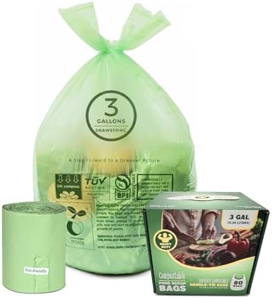 3 Gallon Compostable Trash Bags with Handle-Tie, Thick 0.67 Mil, 11.36 Liter, 80 Bags, Small Kitchen Food Scrap Waste Bag, ASTM D6400, US BPI and OK Compost Home Certified