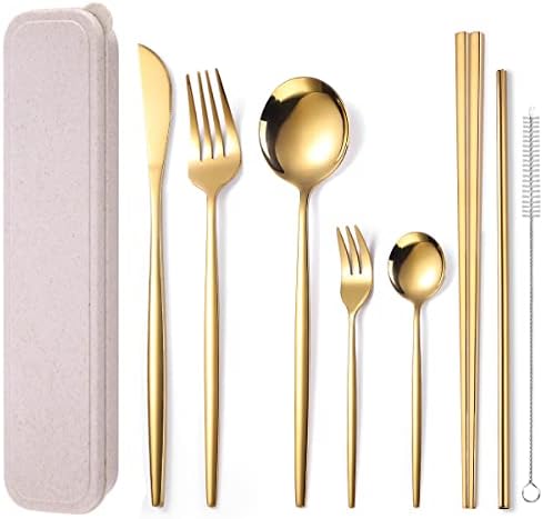 AARAINBOW 8 Pieces Stainless Steel Flatware Set Portable Reusable Cutlery Set Travel Utensils Set Including Chopsticks Knife Fork Spoon Straws Cleaning Brush Dishwasher Safe (Golden)