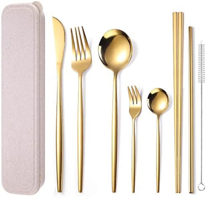 AARAINBOW 8 Pieces Stainless Steel Flatware Set Portable Reusable Cutlery Set Travel Utensils Set Including Chopsticks Knife Fork Spoon Straws Cleaning Brush Dishwasher Safe (Golden)