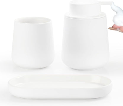 BosilunLife Bathroom Accessories Set 3 pcs - Bathroom Ceramic Foaming Soap Dispenser Set Farmhouse White Bathroom Decor, Foam Soap Dispenser and Toothbrush Holder/Tumbler Cup, Tray