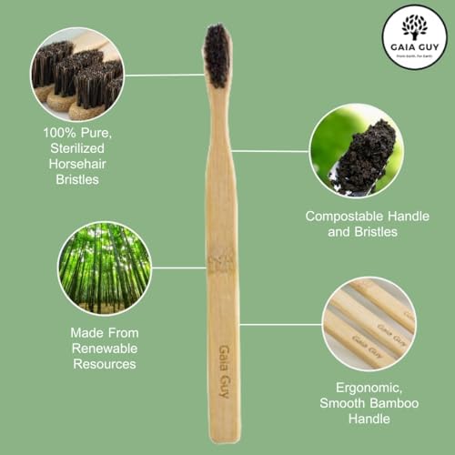 Gaia Guy Soft Natural Bristle Bamboo Toothbrush (NO Nylon - Horsehair ONLY) - Totally Compostable & Biodegradable Soft Horse Hair Bristle and Bamboo Toothbrushes - Zero Waste - 6-Pack