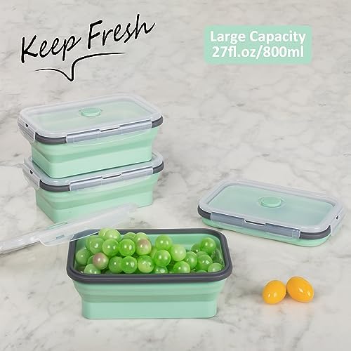 Collapsible Food Storage Containers with Lids & Vent, 27 oz, Kitchen Stacking Silicone Collapsible Meal Prep Container Set for Leftover, Microwave Freezer Dishwasher Safe, Mint Green, 4 Pack