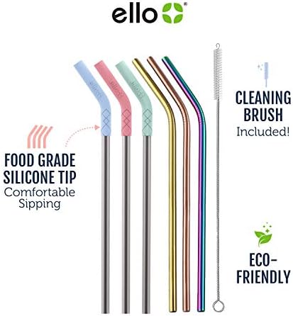 Ello Impact 6 Pack Reusable Metal Straws with Silicone Tips Made from Stainless Steel, Dishwasher Safe, BPA-Freewith Cleaning Brush, Summer Glow