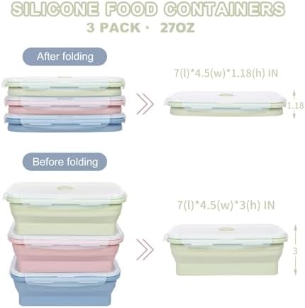 KIGI 【3 PACK】 27 OZ Collapsible Silicone Food Storage Containers with Lids Meal Prep Containers Bento Box, BPA FREE, Microwave Safe