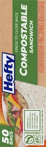 Hefty Compostable Sandwich Bags Press-to-Close | Expandable Bottom | Plant-Based Material | BPA Free | 50 Count, Pack of 12
