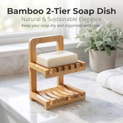 Bamboo Soap Dish for Shower, 2 Tier Shampoo Bar Soap Holder