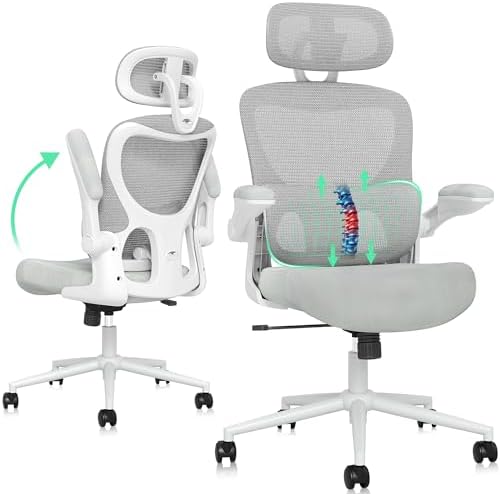 SUNNOW Ergonomic Office Chair, Comfy Mesh Desk Chair, High Back Computer Gaming Chairs with Adjustable Lumbar Support, Flip-Up Arms, Headrest, Tilt Function, Wide Cushion, Swivel Rolling Wheel (Grey)