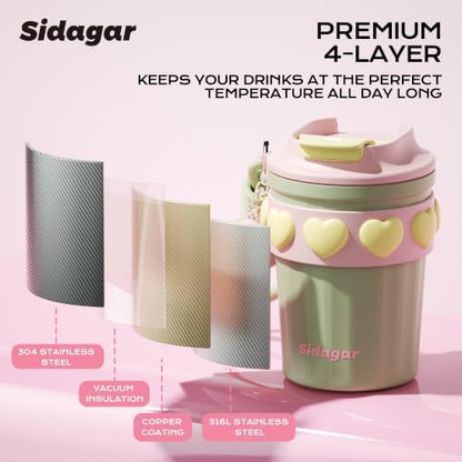 12 oz Insulated Coffee Tumbler with Lid, Cute Travel Mug, Green