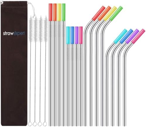 StrawExpert Set of 16 Reusable Stainless Steel Straws with Travel Case Cleaning Brush Silicone Tips Eco Friendly Extra Long Metal Straws Drinking for 20 24 30 oz Tumbler, Silver