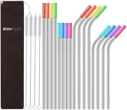StrawExpert Set of 16 Reusable Stainless Steel Straws with Travel Case Cleaning Brush Silicone Tips Eco Friendly Extra Long Metal Straws Drinking for 20 24 30 oz Tumbler, Silver