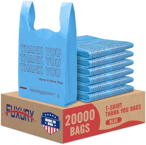 Fuxury 20000 (20K) Count Blue Plastic Thank You Bags 11.5 x 6.5 x 21, Grocery, Take Out, To Go, Retail Shopping T-shirt Bags in Bulk (Made in USA)