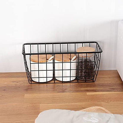 LeleCAT Small Wire Stroage Baskets, Wire Baskets for Kitchen Cabinets, Pantry, mall bags of tea and seasoning packets, Bathroom, Black, 2 Pack