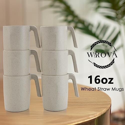 Wrova 16oz Wheat Straw Cups with handles set of 6-Plastic Cups Reusable-Unbreakable Kids Mugs-Dishwasher Safe & Microwave Safe-Ideal Plastic Mugs for Tea,Coffee,Camping,RV-Beige