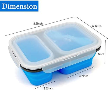 2 Compartments Collapsible Airtight Bento Box with Ideal Portion 600ml & 450ml and 2 in 1 Spoon & Fork, Food Grade Silicone Lunch Container for Adults Work Travel, Microwave Safe