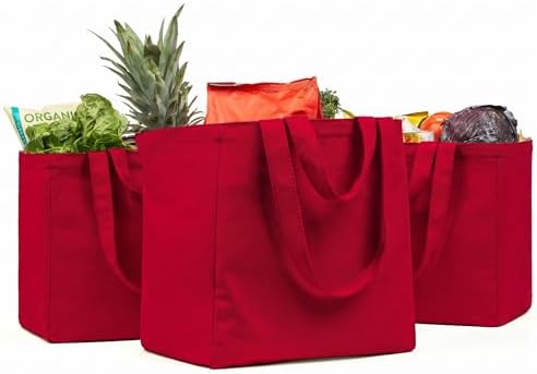 VeraMia Canvas Grocery Bag 3pc XL Set with Real Pockets, Long Shoulder Strap and Short Handle. Heavy Duty, Foldable, Washable