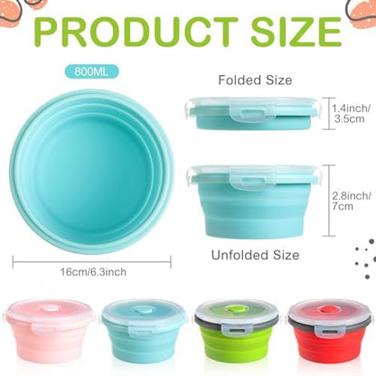 Suclain 4 Pcs Collapsible Bowls with Lids Silicone Camping Food Storage Container Expandable Folding Salad Lunch Box Travel Container for Hiking Camping