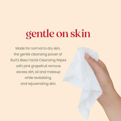 Burt's Bees Pink Grapefruit Face Wipes, for All Skin Types, Hydrating Makeup Remover & Facial Cleansing Towelettes, 90 Count (Pack of 6)