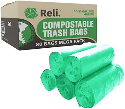 Reli. Compostable 33 Gallon Trash Bags | 80 Count Bulk | Green