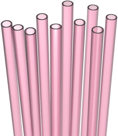 Fiesta First 10 Short Reusable Hard Pink Plastic Drinking Straws, Medium Width + Sturdy Cleaning Brush - for Cocktails, Small Cups, Kids Drinks - Dishwasher Safe BPA Free