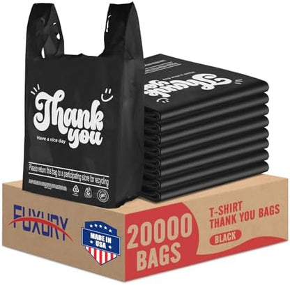 Fuxury 20000 (20K) Count - Plastic Thank You T-shirt Bags Black for Small Business (11.5" x 6.5" x 21"), Grocery, Take Out, To Go, Retail Shopping Bags in Bulk