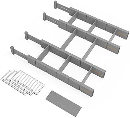 SpaceAid Bamboo Drawer Dividers with Inserts and Labels, Kitchen Adjustable Drawer Organizers, Expandable Organization for Home, Office, Dressers, 4 Dividers with 9 Inserts (17"-22" Gray)