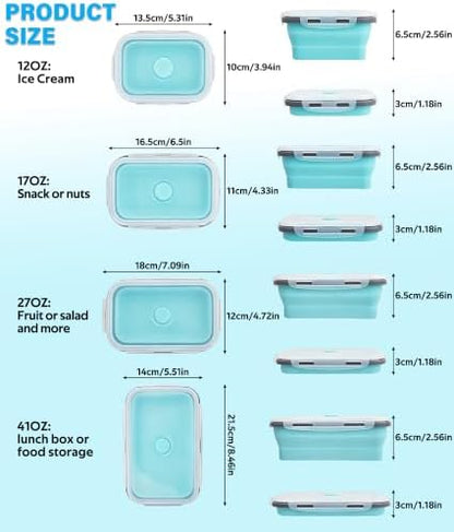 Decorwell 4 Collapsible Food Storage Containers, 12/17/27/40 oz Food-Grade Silicone Set, Leakproof Food Containers for Kitchen Office Camping Picnic, Blue