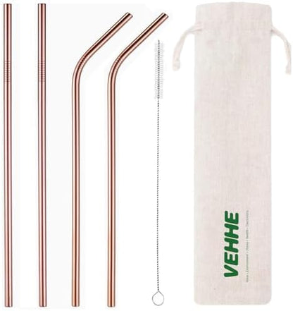VEHHE Rose Gold Metal Straws, Stainless Reusable Straws Set with Brush