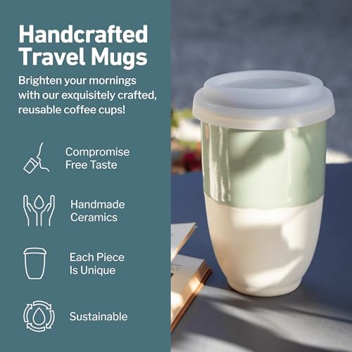 NOVA CERAMICS Travel Mug - Ceramic To Go Coffee Mug With Lid – Travel Mug Ceramic To Go Cup – Microwave & Dishwasher Safe Ceramic Coffee Mug With Lid - Gifts For Women Men Him Her – 12oz – Sage Green