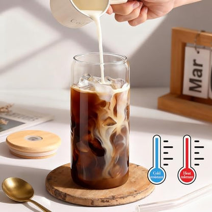 Iced Coffee Cups with Lids 2 pcs: 20 oz Glass Cups with Lids and Straws as Coffee Bar Accessories - Beer Drinking Glasses - Reusable Glass Tumbler,Cute Coffee Cups for Coffee,Juice,Gifts