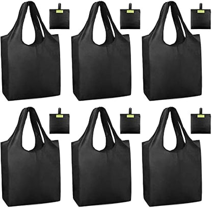 BeeGreen Black Tote Bag Shopping Bags for Groceries & Reusable Grocery Bag Heavy Duty, Large Tote Bag for Women, Foldable 6 Pack Gift Bags With Handles, Cute Cloth Washable for Holiday Travel & Bulk