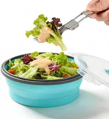 ColorCoral Collapsible Camping Bowl with Lid & Fork Silicone 1200ml 42oz