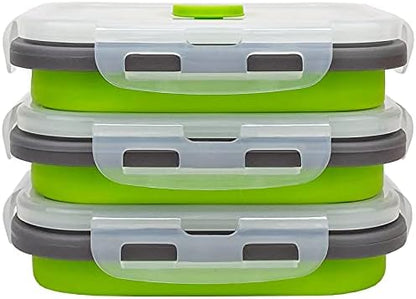 CCyanzi 3piece Collapsible Food Storage Containers with Lids, Silicone Lunch Container, Microwave & Freezer Safe, Space Saving for Kitchen Cabinet and Camping Backpack,(green gray)