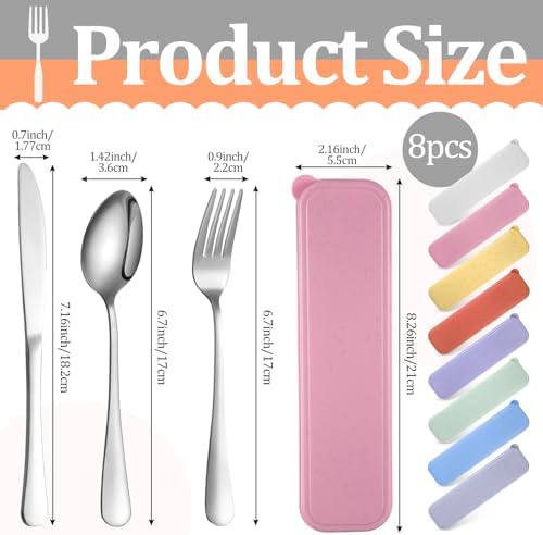 Yinkin 8 Pack Travel Silverware Set with Case for Lunch,Pastel