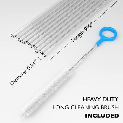 Fiesta First 10 Long Clear Straws - Hard Clear Plastic Reusable Drinking Straws + Sturdy Cleaning Brush - for Tumblers, Mason Jars, Milkshakes and Smoothies - Dishwasher Safe BPA Free
