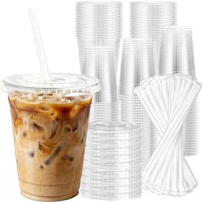 Charmount 100 Sets 16 oz Plastic Cups with Lids and Straws