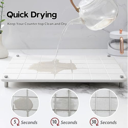 Razborci Stone Dish Drying Mat for Kitchen Counter, Water Absorbing Bathroom Tray Sink Organizer, Diatomaceous Earth Countertop Dish Rack Riser Sponge Holder Soap Dish, Gray Beige, 16" x 12"