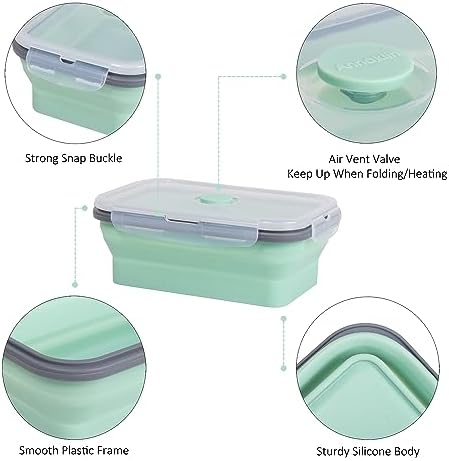 Collapsible Food Storage Containers with Lids & Vent, 27 oz, Kitchen Stacking Silicone Collapsible Meal Prep Container Set for Leftover, Microwave Freezer Dishwasher Safe, Mint Green, 4 Pack